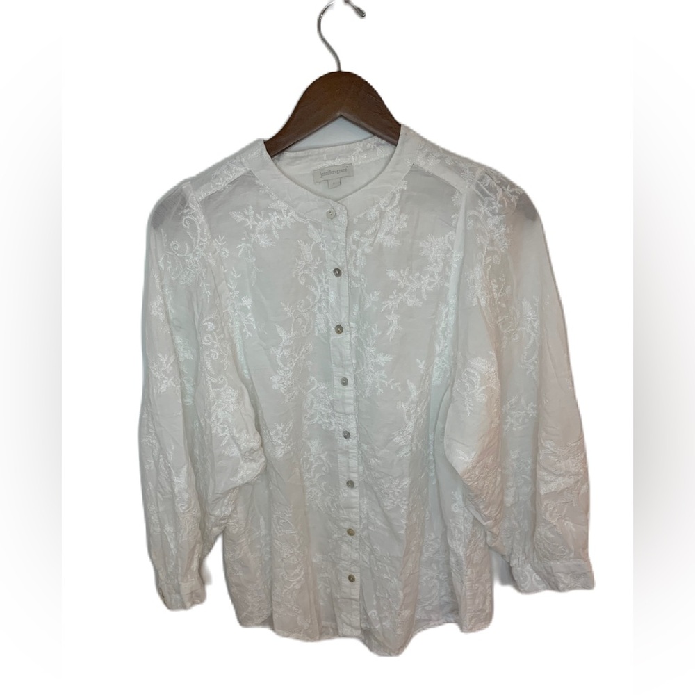 Jennifer & Grace Women’s Blouse Top Large White Embroidered 100% Cotton Romantic